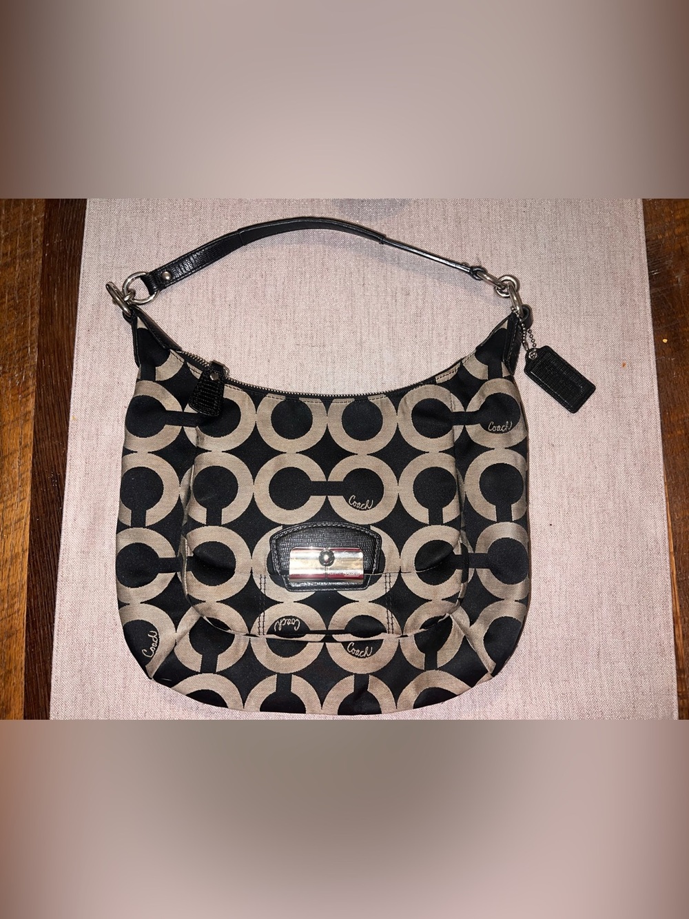 Vintage Coach Black and Tan Signature Crescent Shoulder Bag